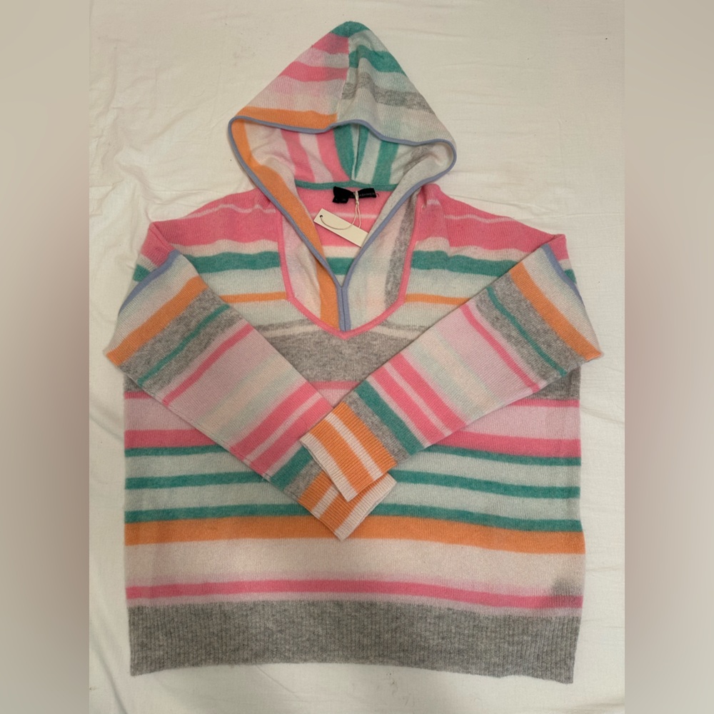 360 Cashmere Multicolor Striped Hooded Sweater - Pink, Teal, Gray, Orange, White